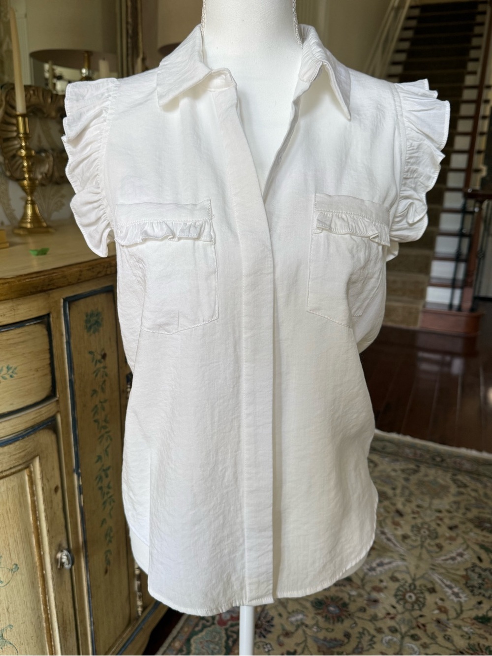 Joy Joy White Ruffle Sleeve Button-Front Blouse